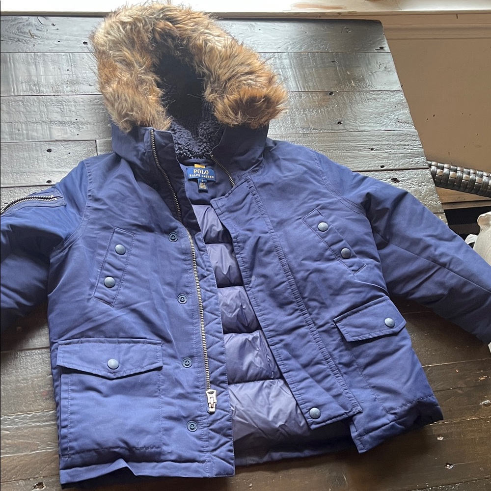 Ralph Lauren Blue Puffer Jacket with Faux Fur Trim